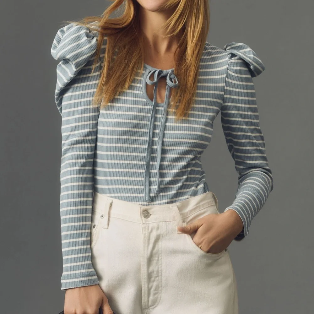 *Anthropologie Porridge Puff Sleeve Tie Front Top